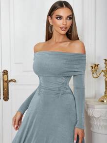 Simple & Sexy Off Shoulder Ruched Long Sleeve Bodycon Dress - Baby Blue - View 3
