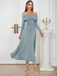 Simple & Sexy Off Shoulder Ruched Long Sleeve Bodycon Dress - Baby Blue - View 6