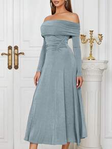 Simple & Sexy Off Shoulder Ruched Long Sleeve Bodycon Dress - Baby Blue - View 5