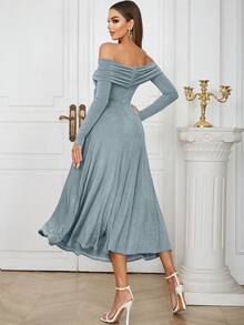 Simple & Sexy Off Shoulder Ruched Long Sleeve Bodycon Dress - Baby Blue - View 2