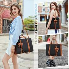 Laptop Bag For Women 15.6 Inch Laptop Tote Bag Waterproof Leather Computer Bag Large Lightweight Briefcase Professional Business Office Work Bag - Black and Brown - View 2