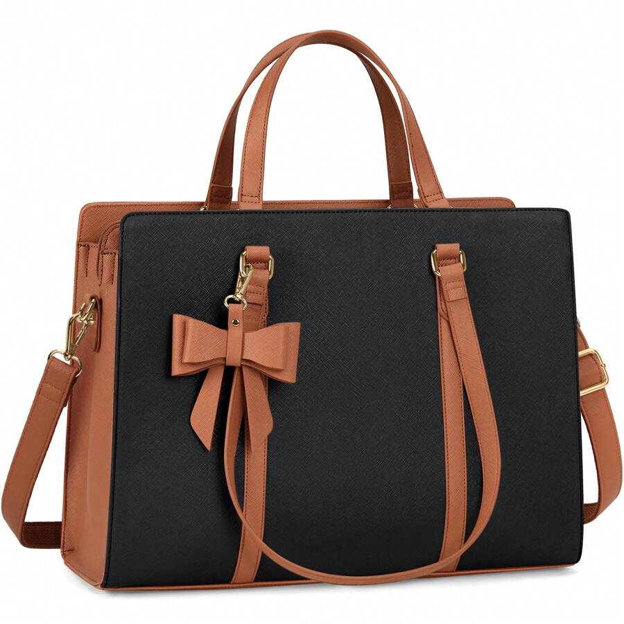 Laptop Bag For Women 15.6 Inch Laptop Tote Bag Waterproof Leather Computer Bag Large Lightweight Briefcase Professional Business Office Work Bag - Black and Brown - View 1