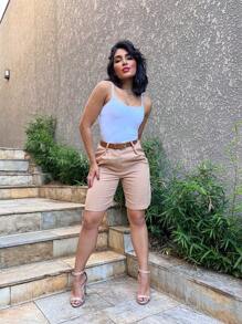 Basic Shorts With Button Pocket And Zipper In Linen Fabric - 卡其色 - 查看 3