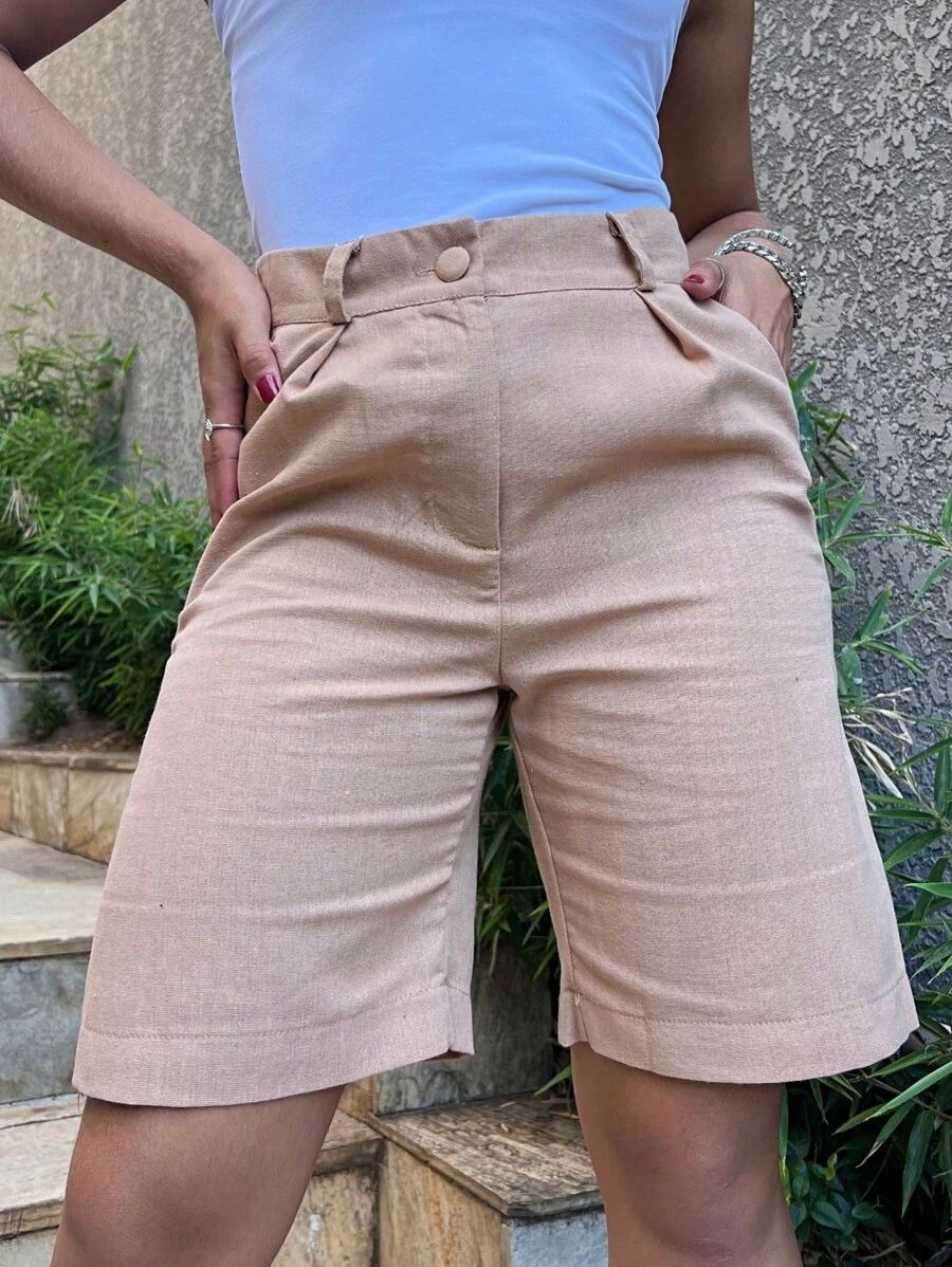 Basic Shorts With Button Pocket And Zipper In Linen Fabric - 卡其色 - 查看 1