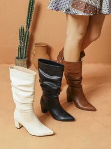 Fall/Winter Women's Mid-Calf Pointed Toe High Heels Classic Black Boots, Suitable For Daily Casual & Holiday Wear,Boots For Women