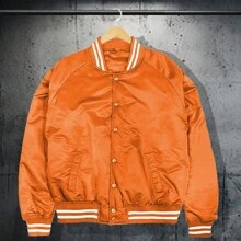 Men Solid Varsity Bomber Jacket Waterproof Fall Winter Summer Lightweight All Season Striped Trim Slant Pockets Baseball Jacket Snap Button - Orange - View 1