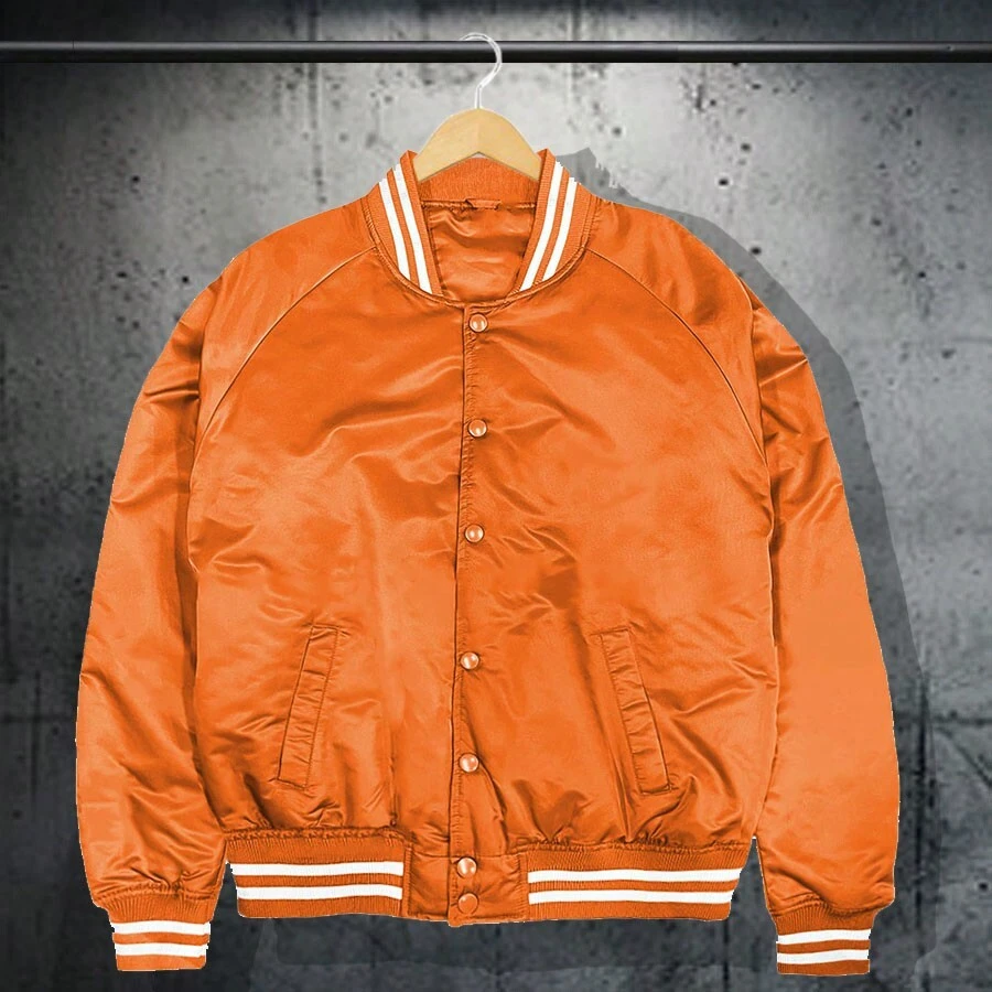 Men Solid Varsity Bomber Jacket Waterproof Fall Winter Summer Lightweight All Season Striped Trim Slant Pockets Baseball Jacket Snap Button - Orange - View 1