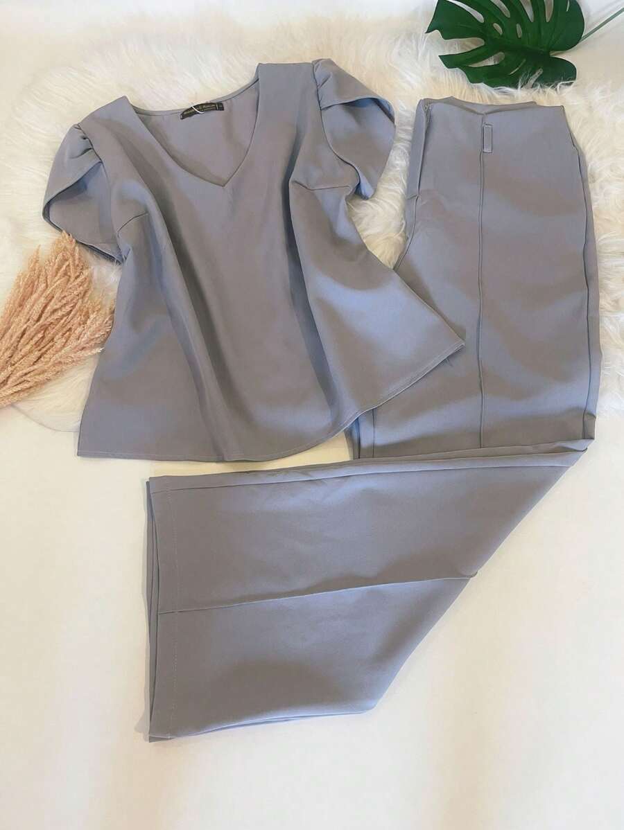 KALINA FASHION Women's Tailoring Set Puff Sleeve Blouse And Long Straight Pants Summer Casual Two-Piece Set - Gris - Ver 1