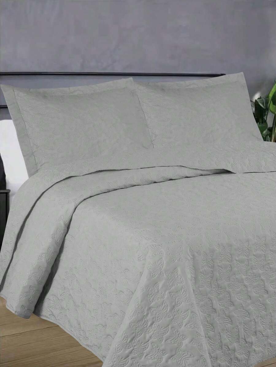 3-Piece Bedspread Quilt Kit Complete Box Bed Ultrasonic Butterfly Quilted - 灰色 - 查看 1