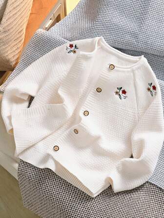 Young Girl Crew Neck Knitted Cardigan Sweater, Fashion Casual Student Outwear, Autumn & Winter