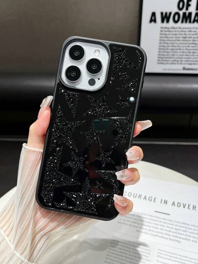 1 pieza Funda de teléfono 2 en 1 a prueba de golpes, resistente al agua y a los arañazos, con lentejuelas de manzana, efecto óleo negro mate, cristales de diamante y espejo compatible con iPhone 14 Pro Max