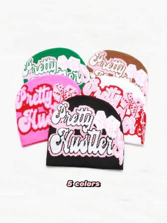 1 件涂鸦字母街头风格亚克力提花针织无檐便帽，适合秋冬季圣诞节