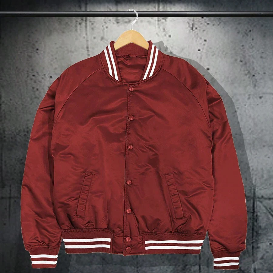 Men Solid Varsity Bomber Jacket Waterproof Fall Winter Summer Lightweight All Season Striped Trim Slant Pockets Baseball Jacket Snap Button - Burgundy - View 1