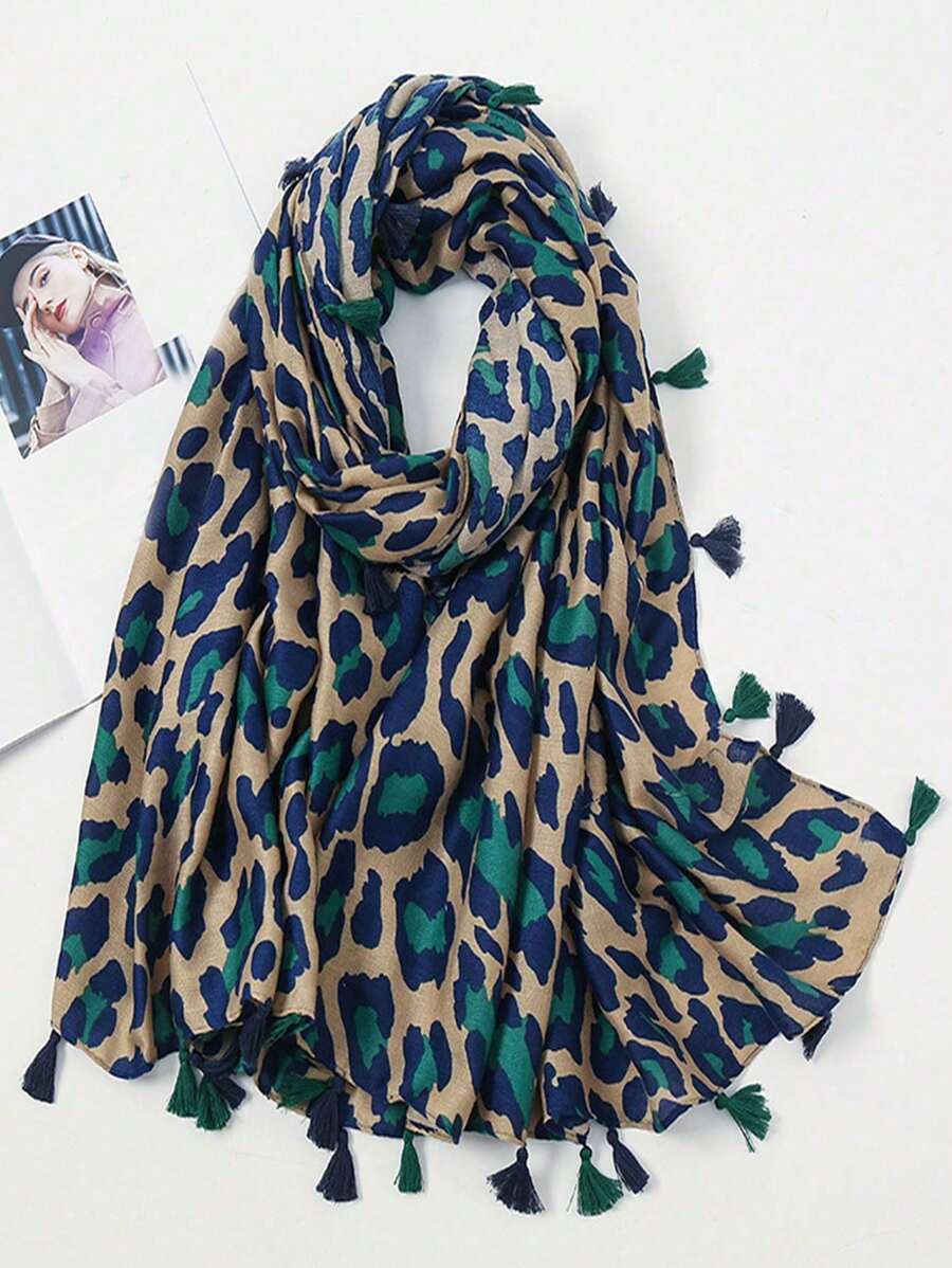 1pc Simple Leopard Print Scarf, Fashion Women Silk Shawl With Fringe, Versatile Lightweight Wrap Winter Fall - Cadet Blue - View 1