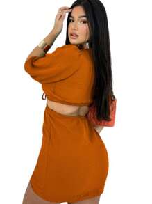 WE SHINE DUNA PARTY DRESS Puffed Sleeve Princess - Burnt Orange - View 2