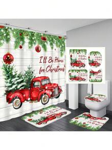 Bộ phòng tắm theo chủ đề ô tô Giáng sinh 1/4 chiếc bao gồm rèm tắm chống nước với 12 móc, thảm tắm chống trượt, thảm vệ sinh hình chữ U và nắp đậy bồn cầu tròn, thích hợp cho mọi tình huống phòng tắm - Nhiều màu - Xem 1