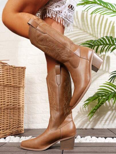 Women's Embroidered Chunky Heel V-Neck Western Style  Boots