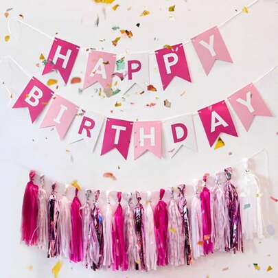 1 套粉色生日快乐纸质三角旗，现代白色字母装饰横幅，适合生日派对、粉色派对、蝴蝶派对、公主派对、独角兽派对，