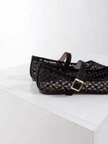 ADAMUMU Women's Fashion Square Toe Casual Party Office Buckle Breathable Woven Hollow Mesh Comfortable Slip-On Flat Shoes, Black