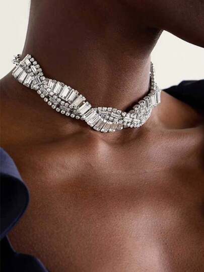 STONEFANS 1pc Silver Crisscross Crystal Decor Necklace, Party Jewelry For Women