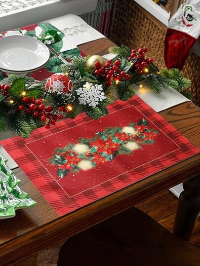Julbordsunderlägg, julblommastjärna Vinterlinneunderlägg Set med 1/4, 12x18 tum Säsongsunderlägg för julhelgdagar för fest Kök Matsalsdekoration, juldekor Heminredning 2024 Gott nytt år 2025 presenter