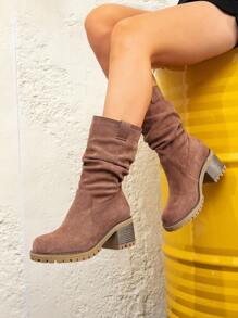 2024 Autumn/Winter New Fashion Women Boots, Casual Rider Boots, Suede Round Toe Winter Boots, Chunky Heel Western Cowboy Boots, Retro Versatile Brown Boots, Platform Mid-Calf Boots, Slip-On Women Winter Boots, Suitable For Casual, Office And Daily Wear,Party - Brown - View 10