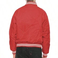 Men Solid Varsity Bomber Jacket Waterproof Fall Winter Summer Lightweight All Season Striped Trim Slant Pockets Baseball Jacket Snap Button - Red - View 7