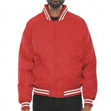 Men Solid Varsity Bomber Jacket Waterproof Fall Winter Summer Lightweight All Season Striped Trim Slant Pockets Baseball Jacket Snap Button - Red - View 6