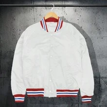 Men Solid Varsity Bomber Jacket Waterproof Fall Winter Summer Lightweight All Season Striped Trim Slant Pockets Baseball Jacket Snap Button - White - View 1