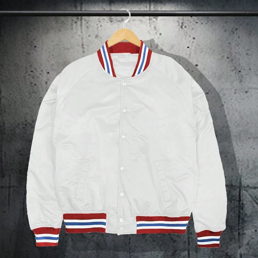 Men Solid Varsity Bomber Jacket Waterproof Fall Winter Summer Lightweight All Season Striped Trim Slant Pockets Baseball Jacket Snap Button - White - View 1