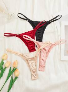 4 piezas/Paquete Bragas tipo tanga de encaje multicolor sexy para mujer - Multicolor - Ver 2