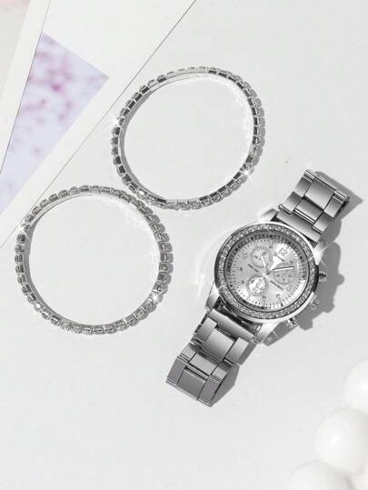 Able Versatile Diamond Studded Three Eye Steel Strap Quartz Horloge Circular Dial, Strap, Digital Scale, Rhinestone Jewelry Bracelet, The Best ing, Holiday s, Not Including Box view 4