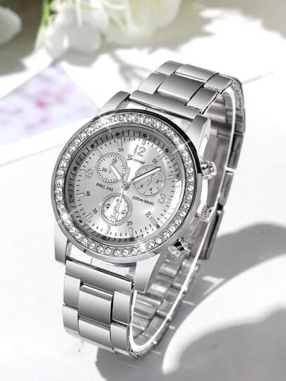 Able Versatile Diamond Studded Three Eye Steel Strap Quartz Horloge Circular Dial, Strap, Digital Scale, Rhinestone Jewelry Bracelet, The Best ing, Holiday s, Not Including Box view 2