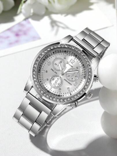 Able Versatile Diamond Studded Three Eye Steel Strap Quartz Horloge Circular Dial, Strap, Digital Scale, Rhinestone Jewelry Bracelet, The Best ing, Holiday s, Not Including Box view 3