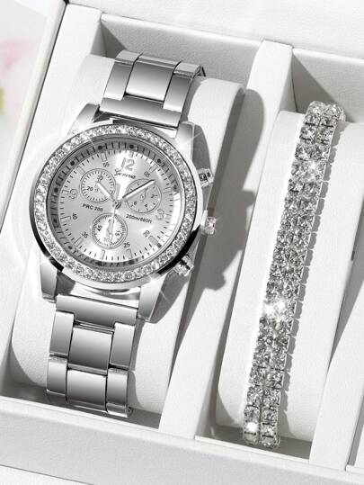 Able Versatile Diamond Studded Three Eye Steel Strap Quartz Horloge Circular Dial, Strap, Digital Scale, Rhinestone Jewelry Bracelet, The Best ing, Holiday s, Not Including Box