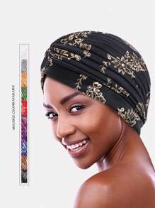1pc Women's African Retro Style Metallic Glittery Crinkle Headscarf Hat, Hat Suitable For Daily Wear - Gold - View 1