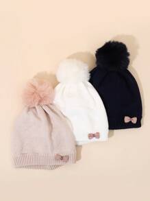 女童可爱蝴蝶结针织帽，冬季保暖内衬无檐小帽 - 彩色 - 查看 2