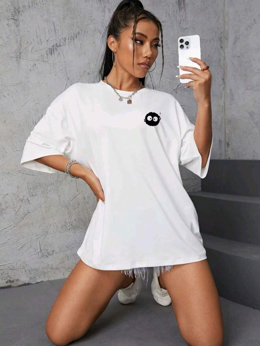 Oversized Women's Casual Off-Shoulder T-Shirt 100% Cotton With Lively Charcoal Print - 白色 - 查看 1