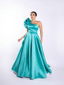 Long One Shoulder Bridesmaid Party Dress With Ruffles Amérie Elegant Aqua Green - Azul Cadete - Ver 2