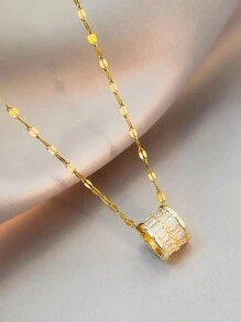 1 件不锈钢链配方晶锆石圆形吊坠项链，适合日常佩戴 - 金黃色 - 查看 3