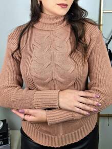 Women's Cold Temperature Sweater High Neck Wool Puff Sleeve Knitted Tricot Braids - Beige - View 2