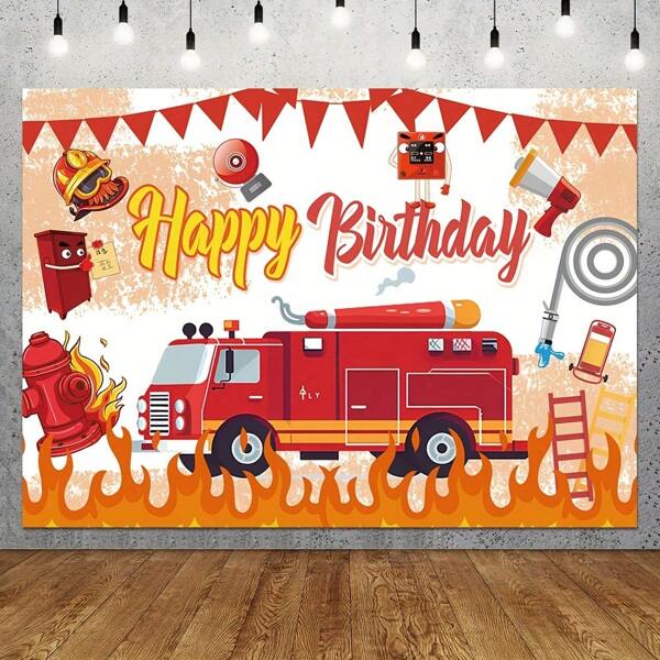 1 pièce Toile de fond de photographie avec motif de camion de pompier, convient pour la décoration de fête d'anniversaire, longueur, Noël