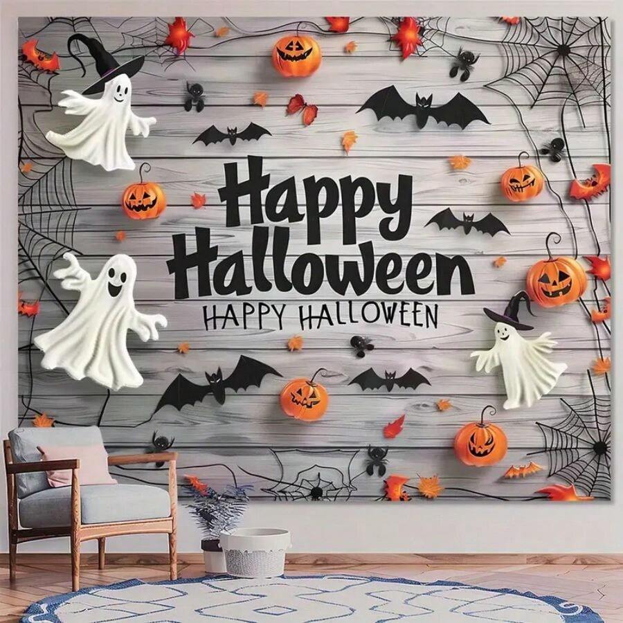 Halloween Party Background - Spider, Ghost, And Pumpkin Design | Multi Functional Polyester Banner For Indoor/Outdoor Decoration And Photo Props,Christmas - Multicolor - View 1