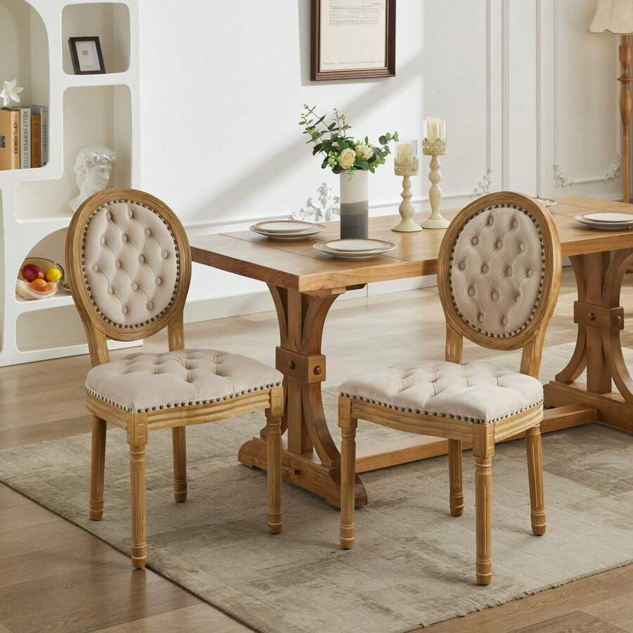 French Style Solid Wood Frame Antique Painting,Hand-Pulled Buckle Decoration Velvet Artificial Leather Dining Chair With Nailhead Trim ,Wood Legs,Steel Spring Inner,Set Of 2 - Beige - View 1