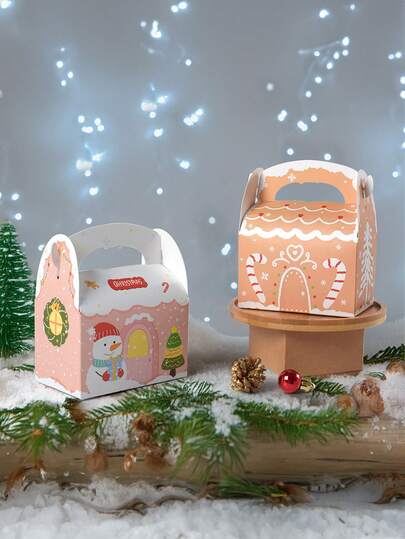 5pcs Christmas Doodle Candy Paper Boxes, Cake Boxes, Pink Snowman, Christmas House, Christmas Tree Patterns, Food Packaging Boxes, Gift Boxes, Foldable Gift Boxes With Handles, Suitable For Christmas, Parties, Christmas Supplies, Packaging Supplies, Party Supplies, Multiple Styles Available, Portable Food Packaging Boxes Christmas Decorations Christmas Decor Christmas Gifts Christmas Wrapping Paper  Christmas Party Supplies Christmas Gift Bags Christmas Bags Christmas Stickers
