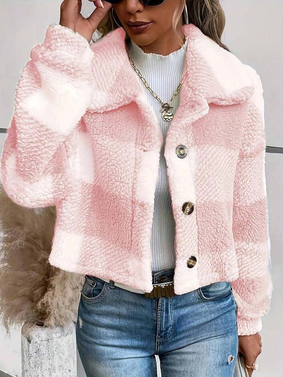 Cazadora De Forro Polar Teddy Con Estampado De Cuadros De Hombros Caídos,Abrigos Mujer,Chamarras Para Mujer,Chaquetas De Mujer - Rosa - Ver 1