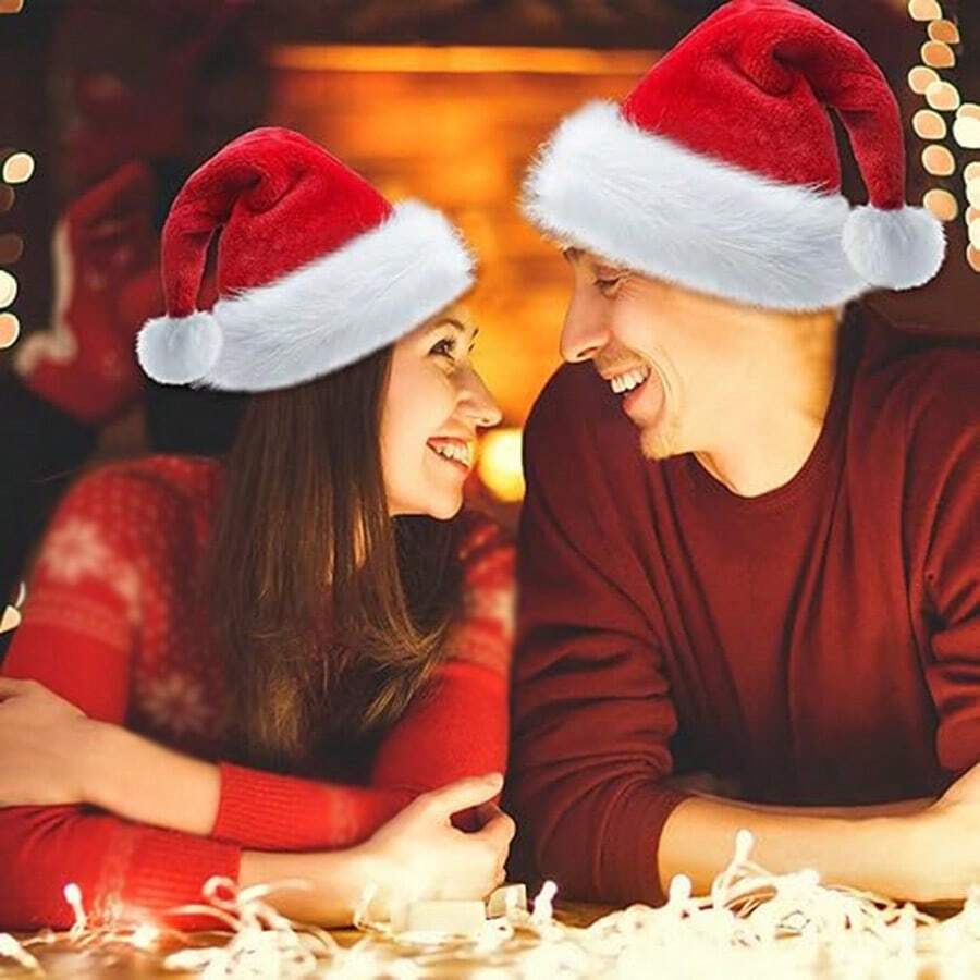 1 件套圣诞老人帽，圣诞节，红色天鹅绒圣诞老人帽，适合圣诞派对、礼物、新年假期派对用品，圣诞帽：成人圣诞帽 - 女士和我的圣诞帽