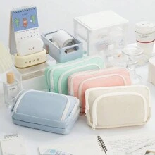 1个马卡龙图案大号铅笔盒/收纳袋，INS风格文具包，便携式手提铅笔盒/收纳袋，化妆包，适合青少年办公及学习用品，返校季必备，返校季，学习用品，铅笔盒，书包 - 黑色 - 查看 7