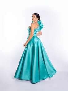 Long One Shoulder Bridesmaid Party Dress With Ruffles Amérie Elegant Aqua Green - Azul Cadete - Ver 7