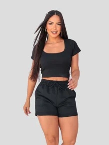 Basic Short Sleeve Cropped Set+Basic Short - 黑色 - 查看 1